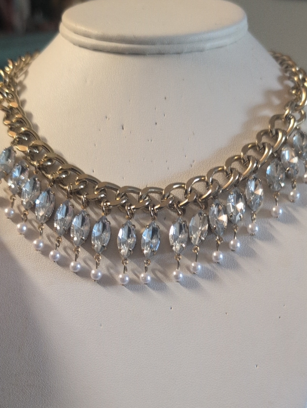 Gold Statement Necklace with Clear Crystal Drops and Pearl Accents